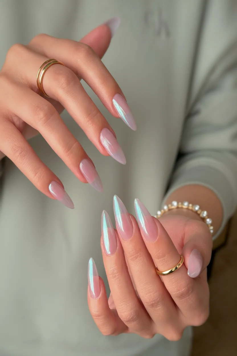 Uñas estileto largas con efecto perla iridiscente rosado