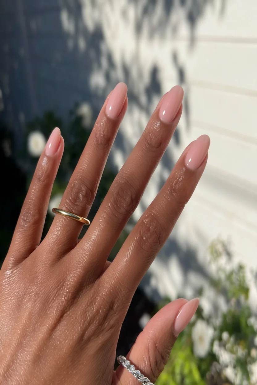 Mano con uñas largas en forma de almendra esmaltadas en nude rosado brillante