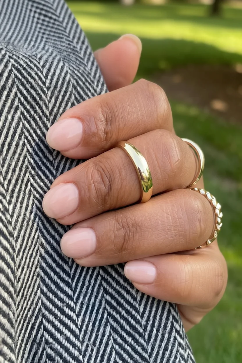 Mano con uñas cortas esmaltadas en tono nude brillante y anillos dorados