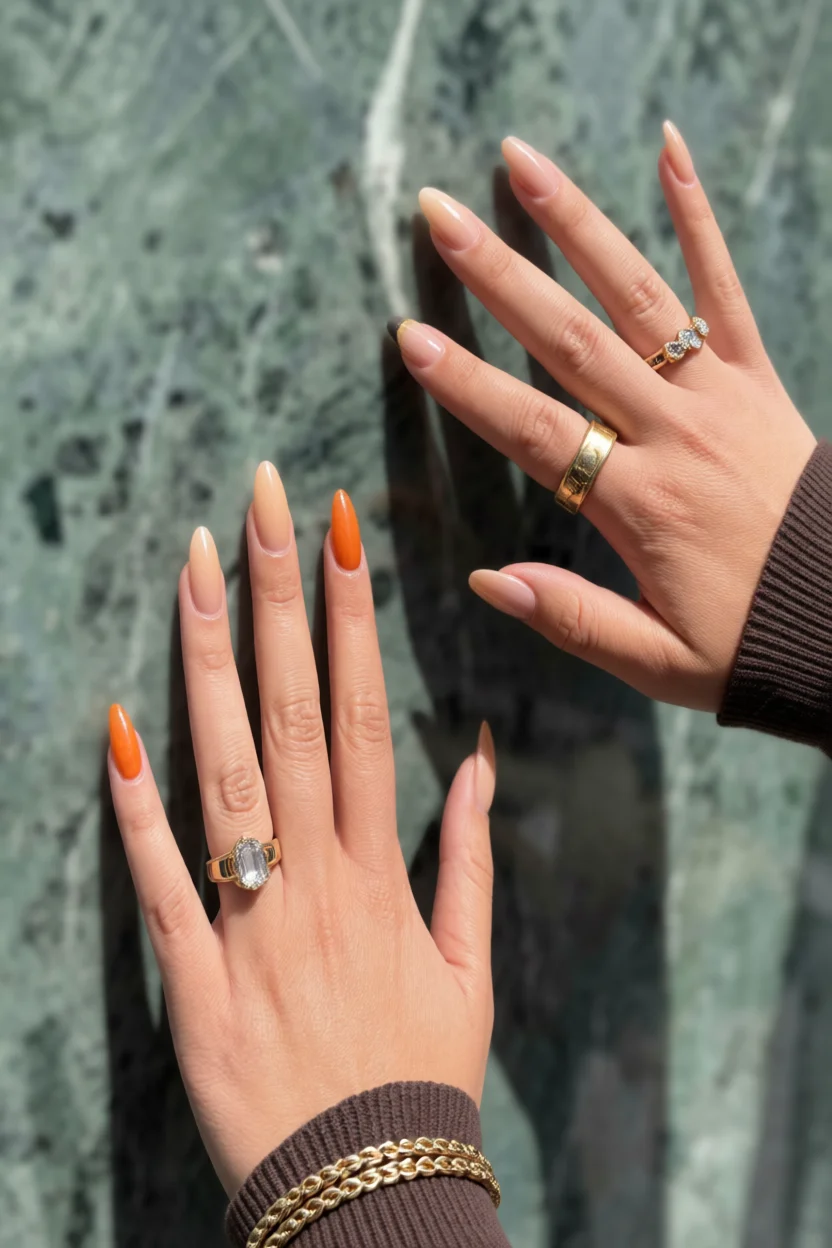 Manos con uñas largas en forma de almendra y degradado naranja