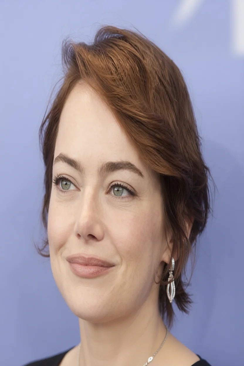 Primer plano de mujer con cabello corto rojizo con volumen lateral y ondas naturales