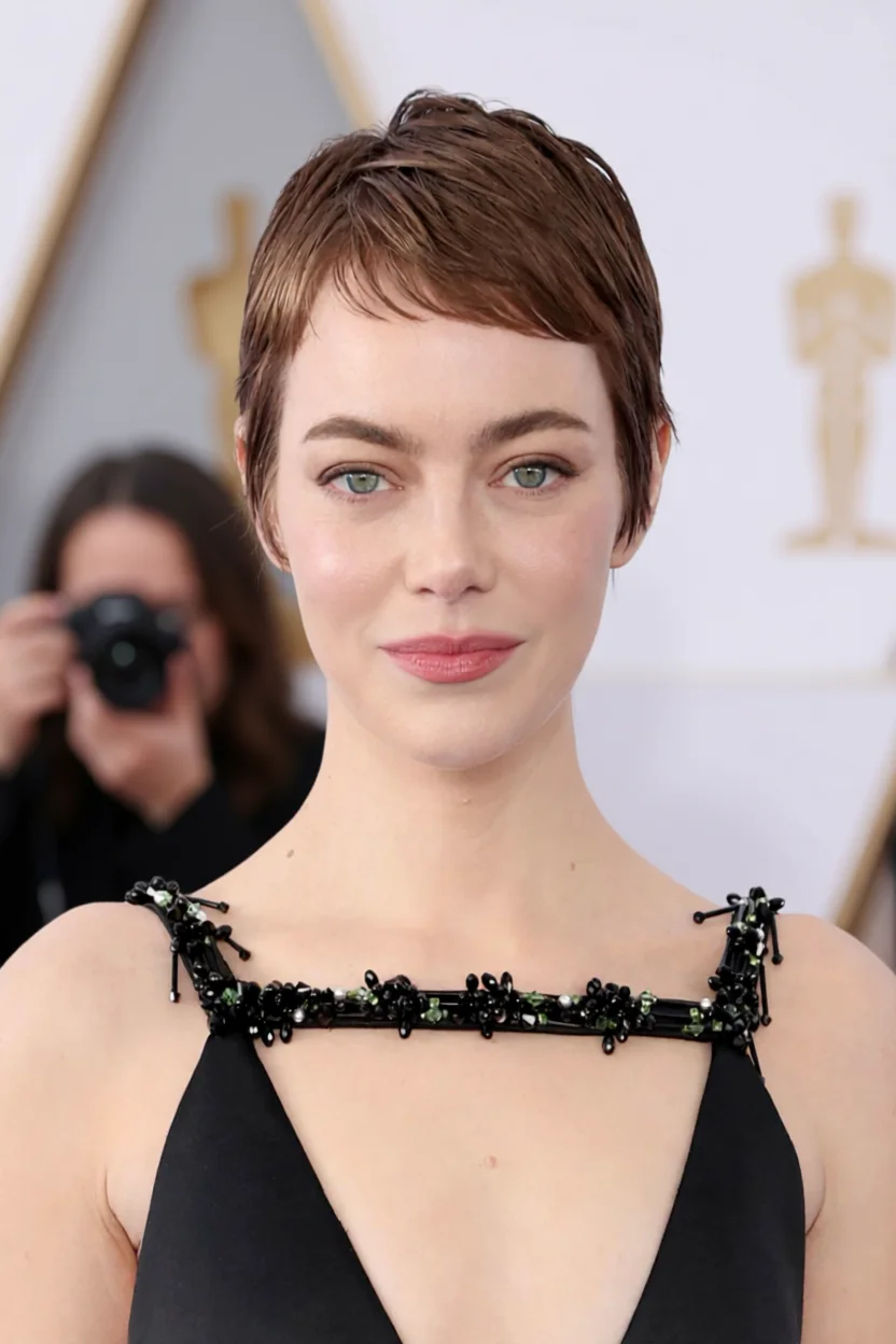 Emma Stone con corte pixie corto texturizado y flequillo lateral