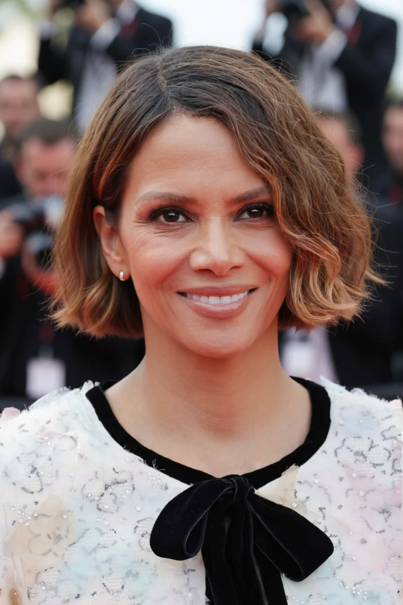 Mujer sonriente con corte de pelo corto ondulado tipo bob