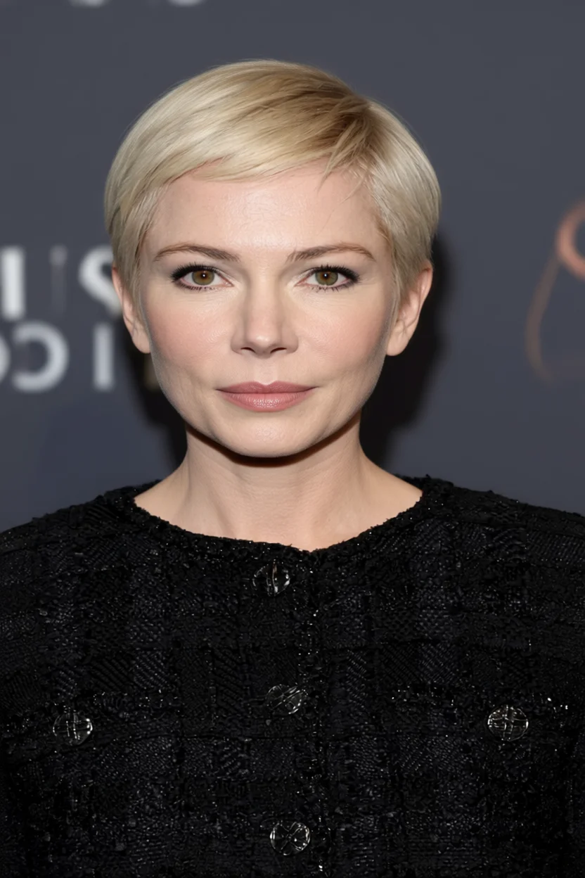 Pixie cut rubio platino muy corto con textura desordenada y raya diagonal