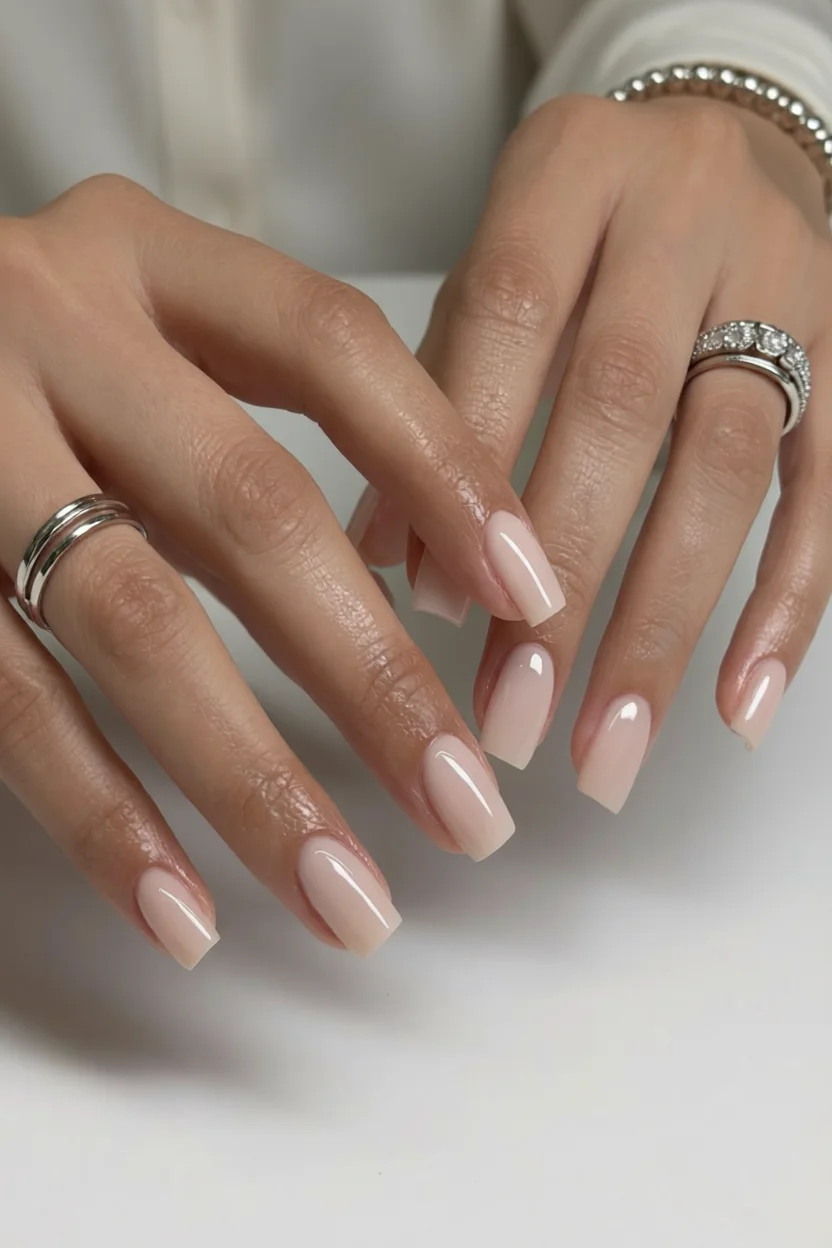 Uñas cortas cuadrados con esmalte nude brillante efecto lechoso perlado