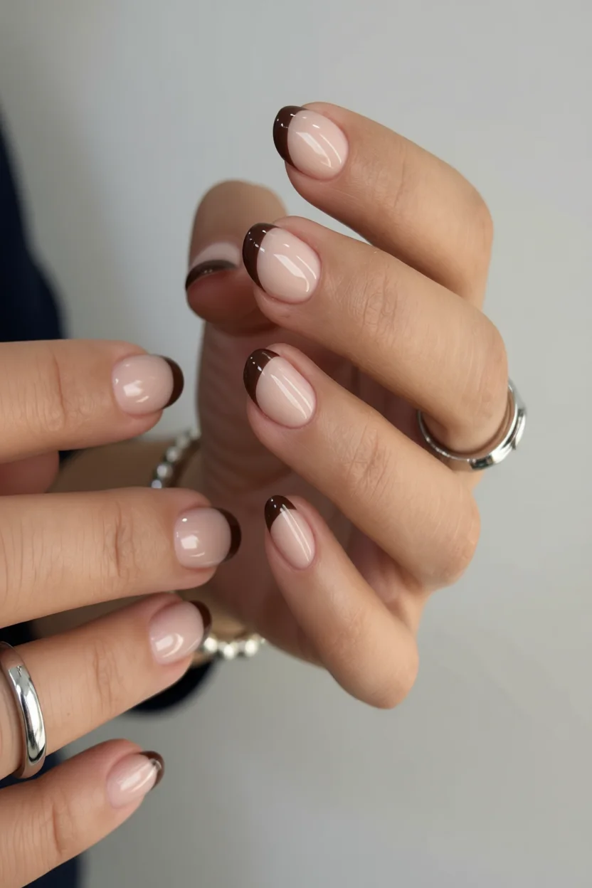 Uñas almendradas con punta marrón y base nude