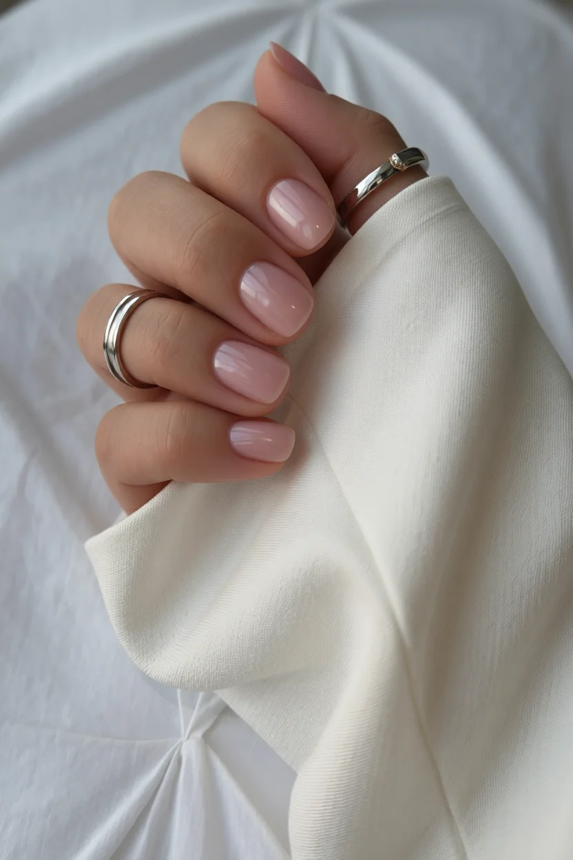 Mano con manicura francesa en uñas cuadradas y color rosa claro