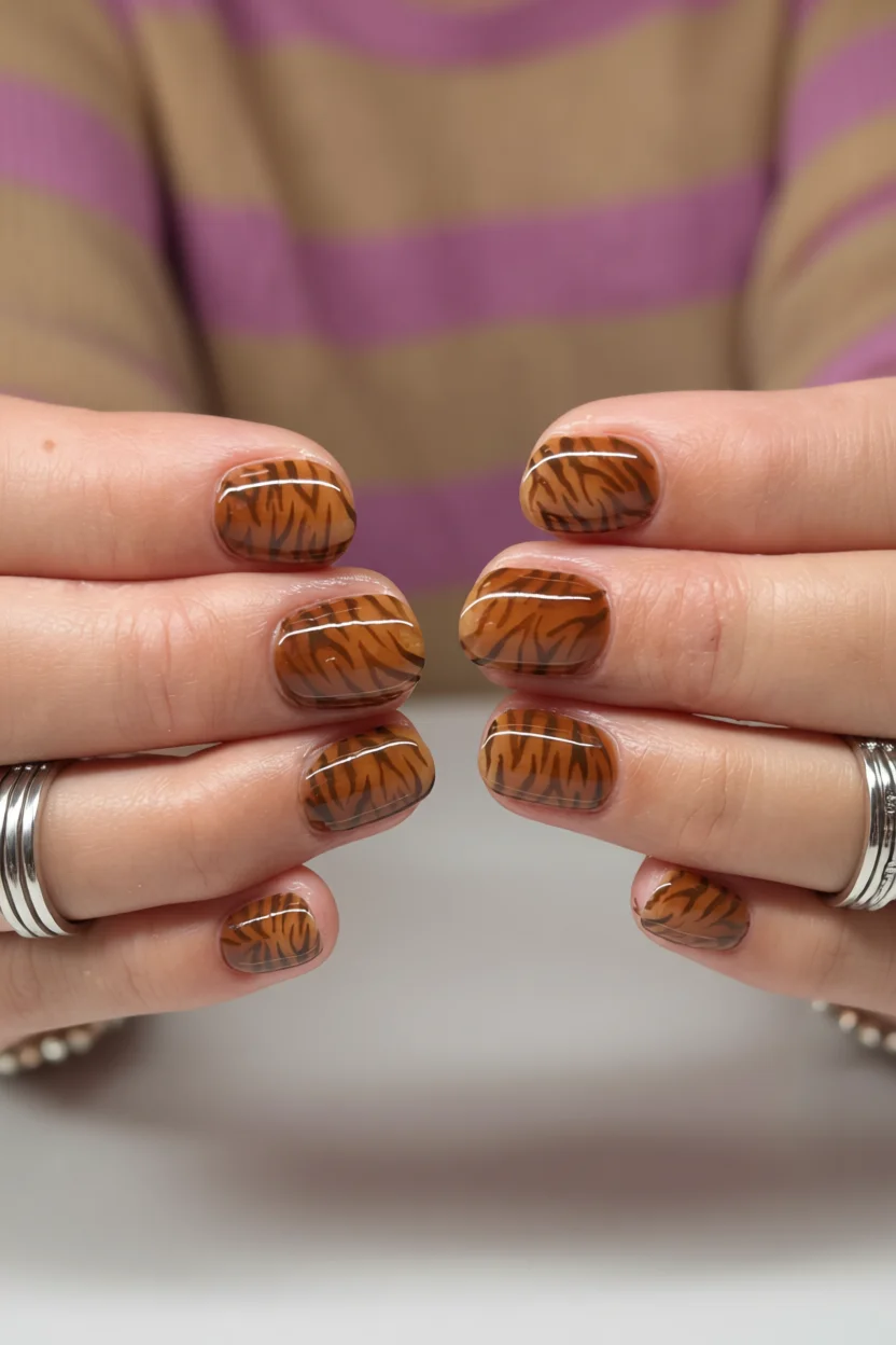 Uñas cortas redondeadas con diseño de rayas de tigre en tonos ámbar