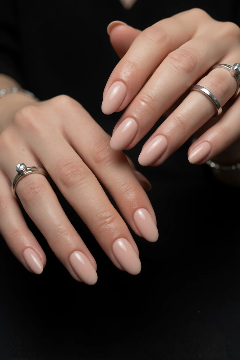 Uñas en forma ovalada color nude con acabado brillante