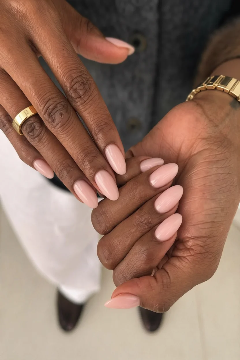Uñas ovaladas en tono nude rosado con brillo glossy en manos de piel morena