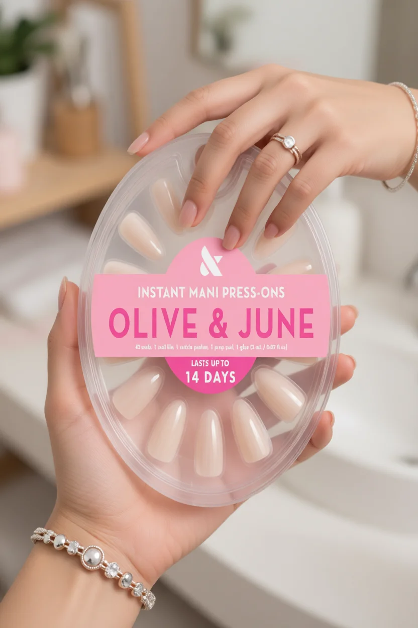 Uñas press-on nude almendradas Olive & June en estuche transparente