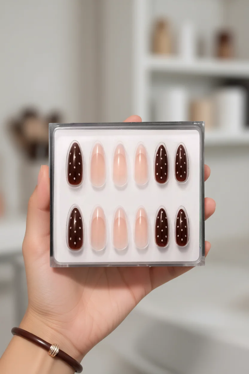 Set de uñas press-on almendradas nude natural con lunares cafés