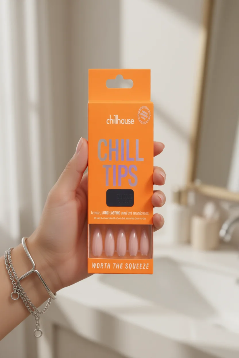Paquete de uñas press-on Chillhouse tono nude almendrado