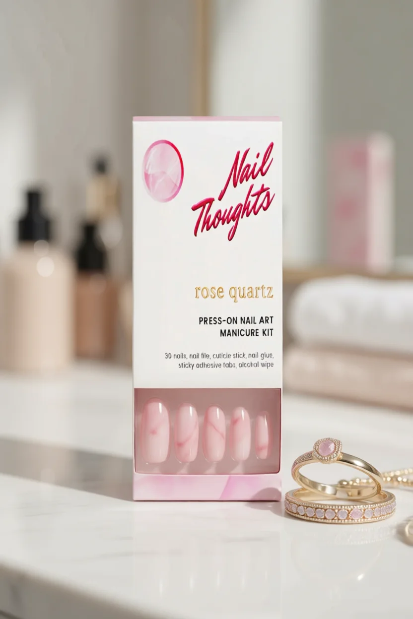 Caja de uñas press-on Nail Thoughts Rose Quartz con diseño mármol en tonos rosados sobre superficie blanca