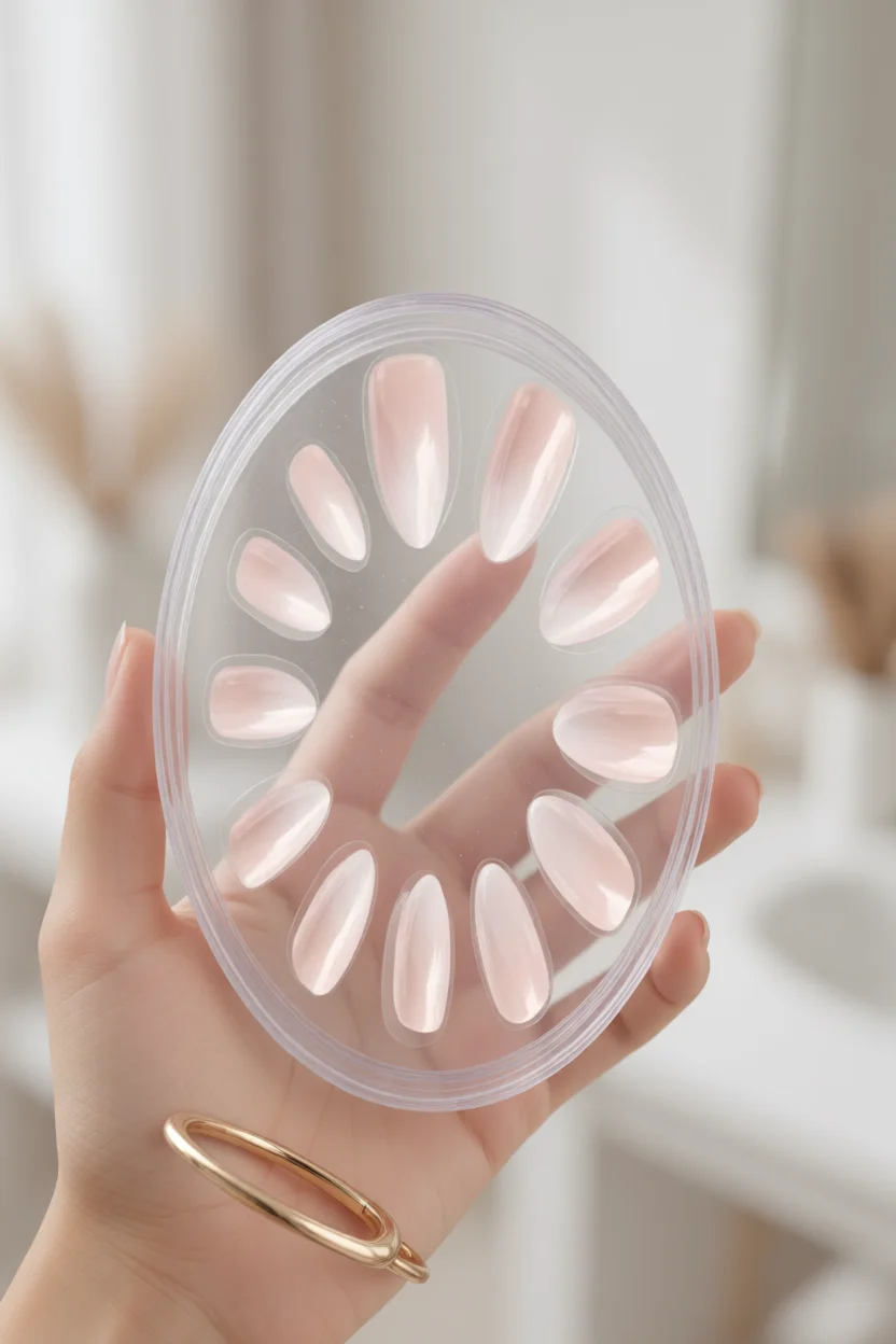 Mano sosteniendo set de uñas press-on almendradas efecto perla rosa y blanco