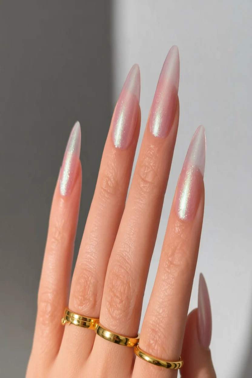 Mano con uñas stiletto largas efecto perla rosado con brillo iridiscente