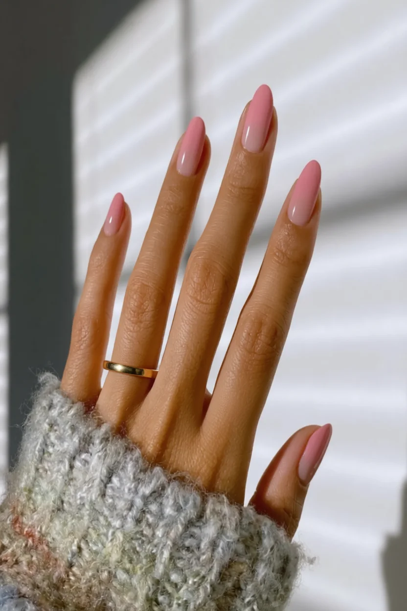 Uñas almendradas rosadas con efecto degradado suave y brillo
