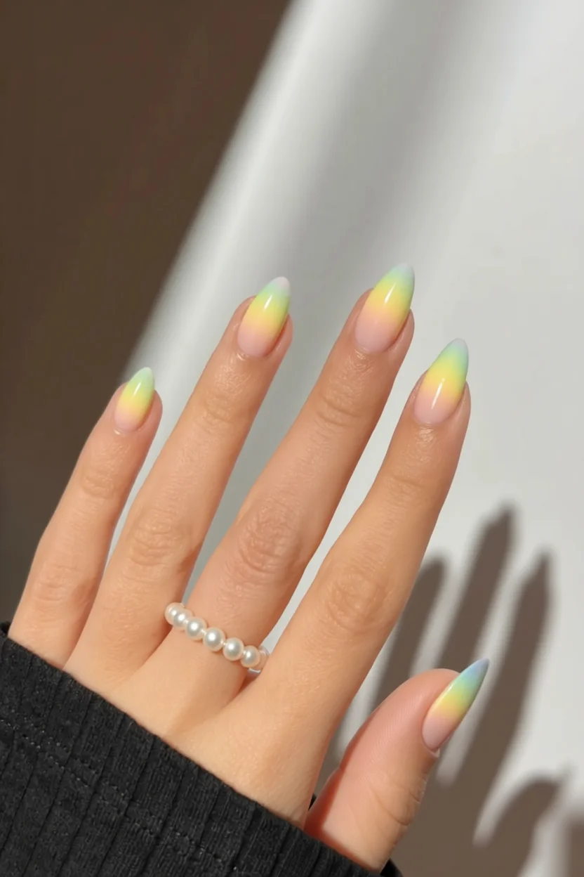 Mano con uñas en forma de almendra y degradado suave en tonos rosa, amarillo y verde pastel