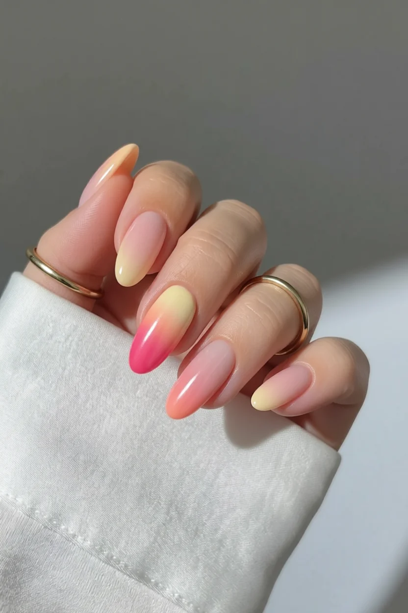 Mano con uñas ovales en degradado de amarillo suave a rosa y coral