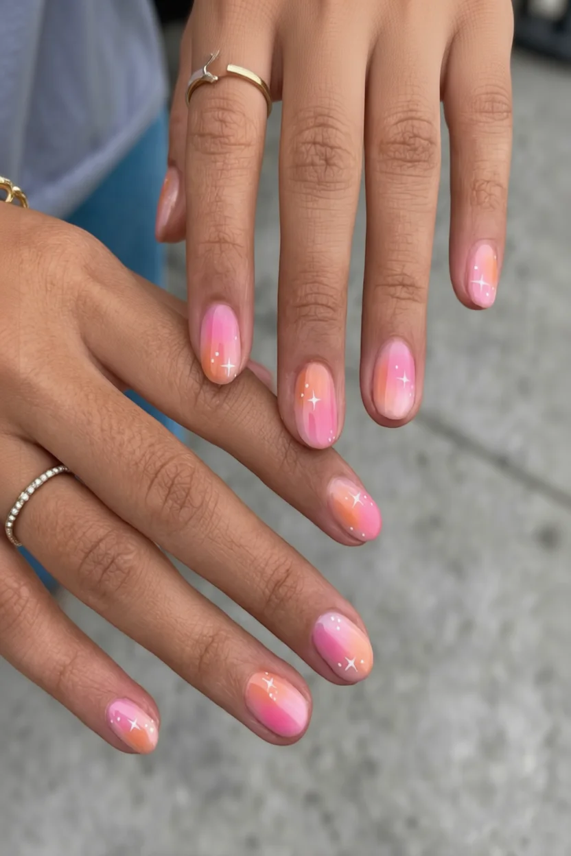 Uñas cortas ovaladas con degradado rosa y naranja y estrellas blancas