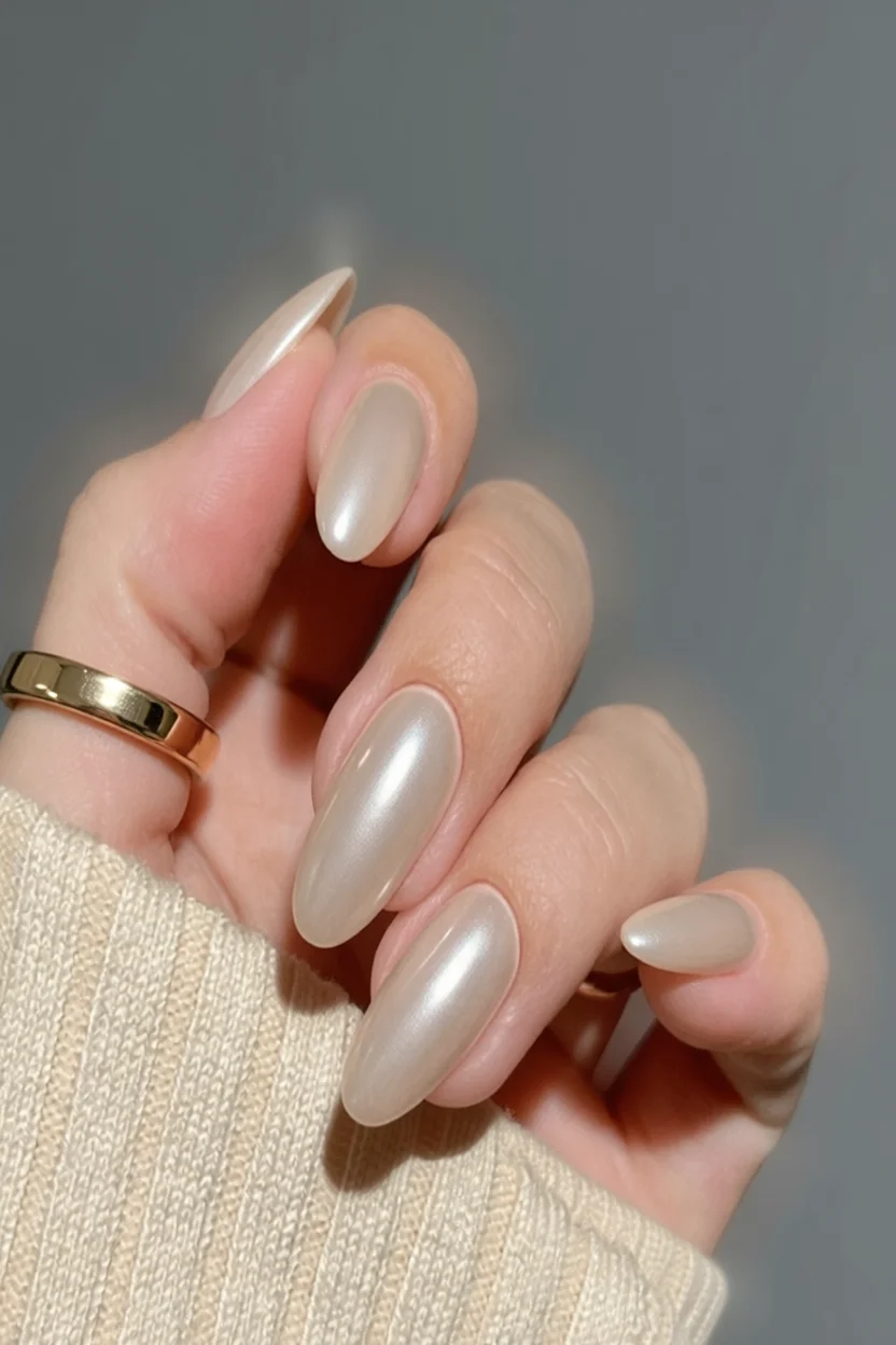 Uñas forma almendrada con acabado perlado en tono beige cremoso