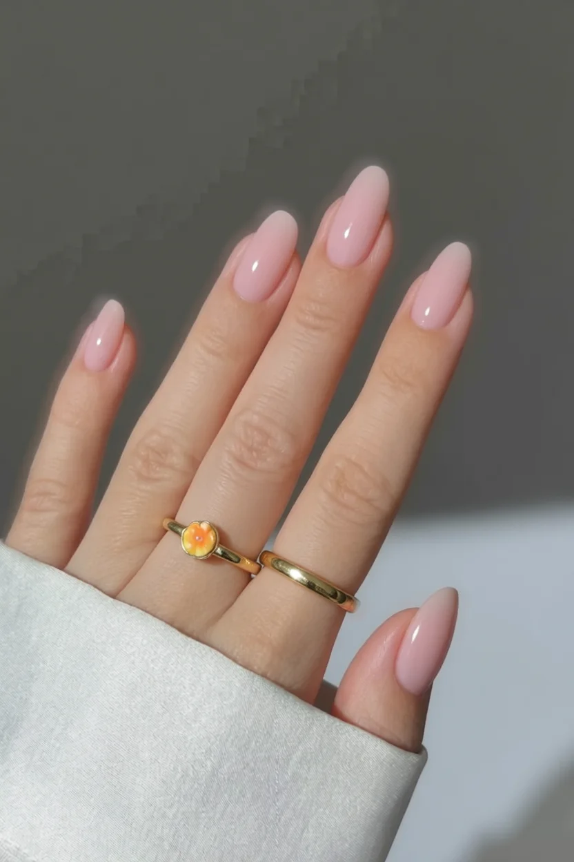 Mano con uñas largas forma almendra en esmalte rosa nude brillante sin decoración