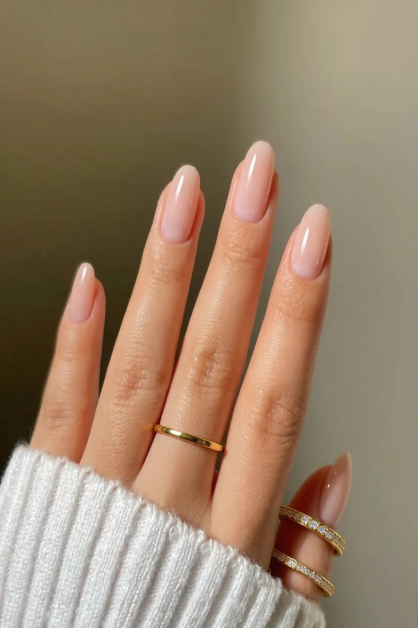 Mano con uñas nude brillantes en forma ovalada y anillos dorados