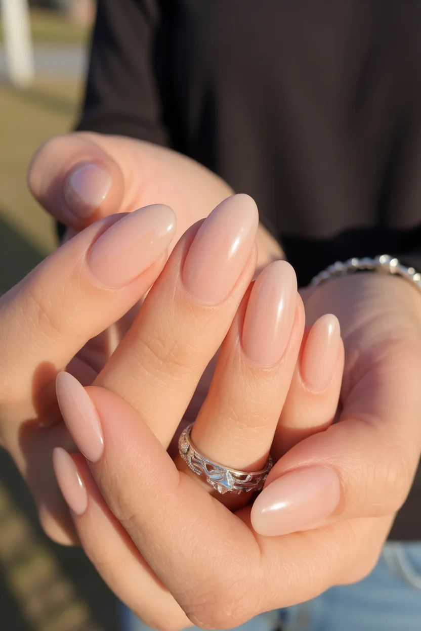 Uñas cortas ovaladas en tono nude con brillo natural
