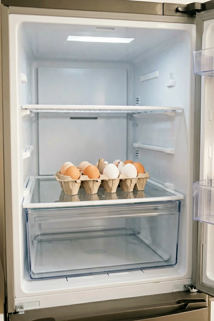 Huevos conservados correctamente en una balda interior del frigorífico, dentro de su caja de cartón, lejos de la puerta