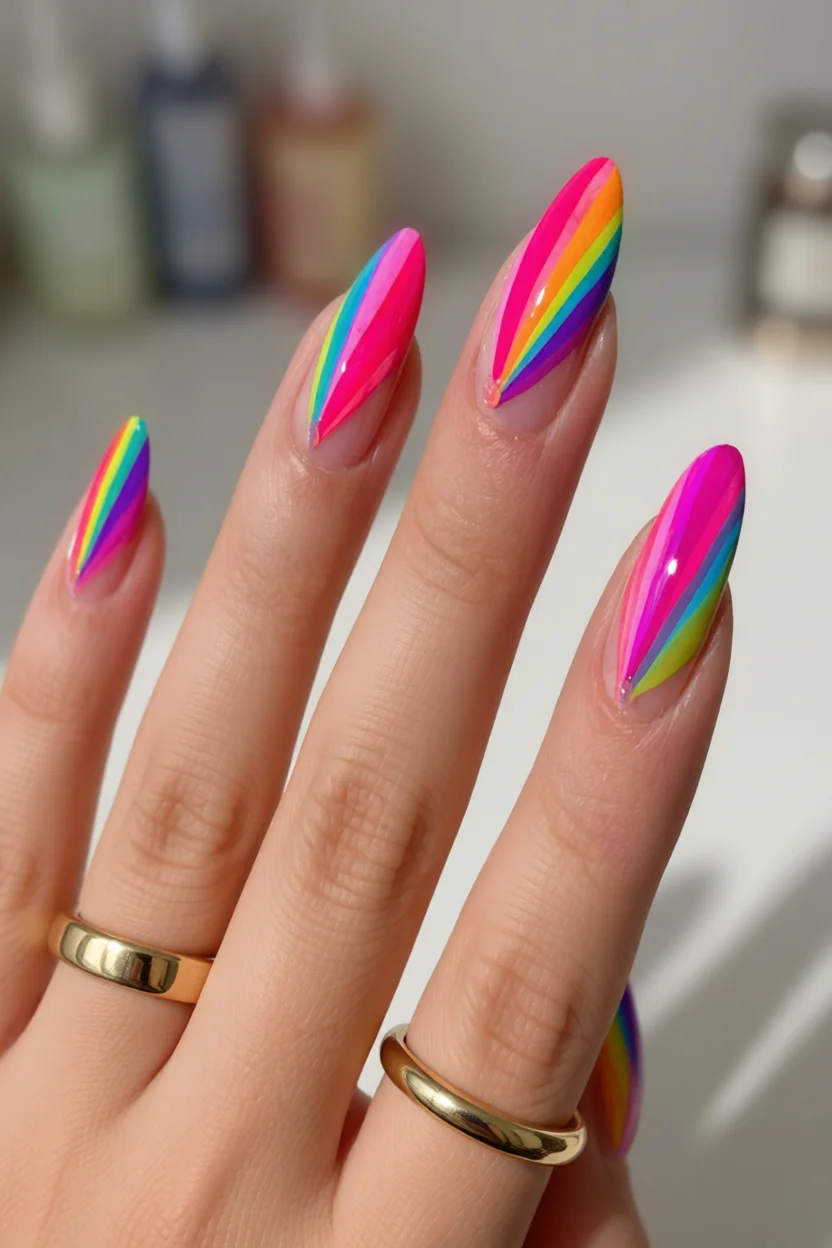 Uñas largas en forma de almendra con diseño de rayos arcoíris diagonales en colores neón