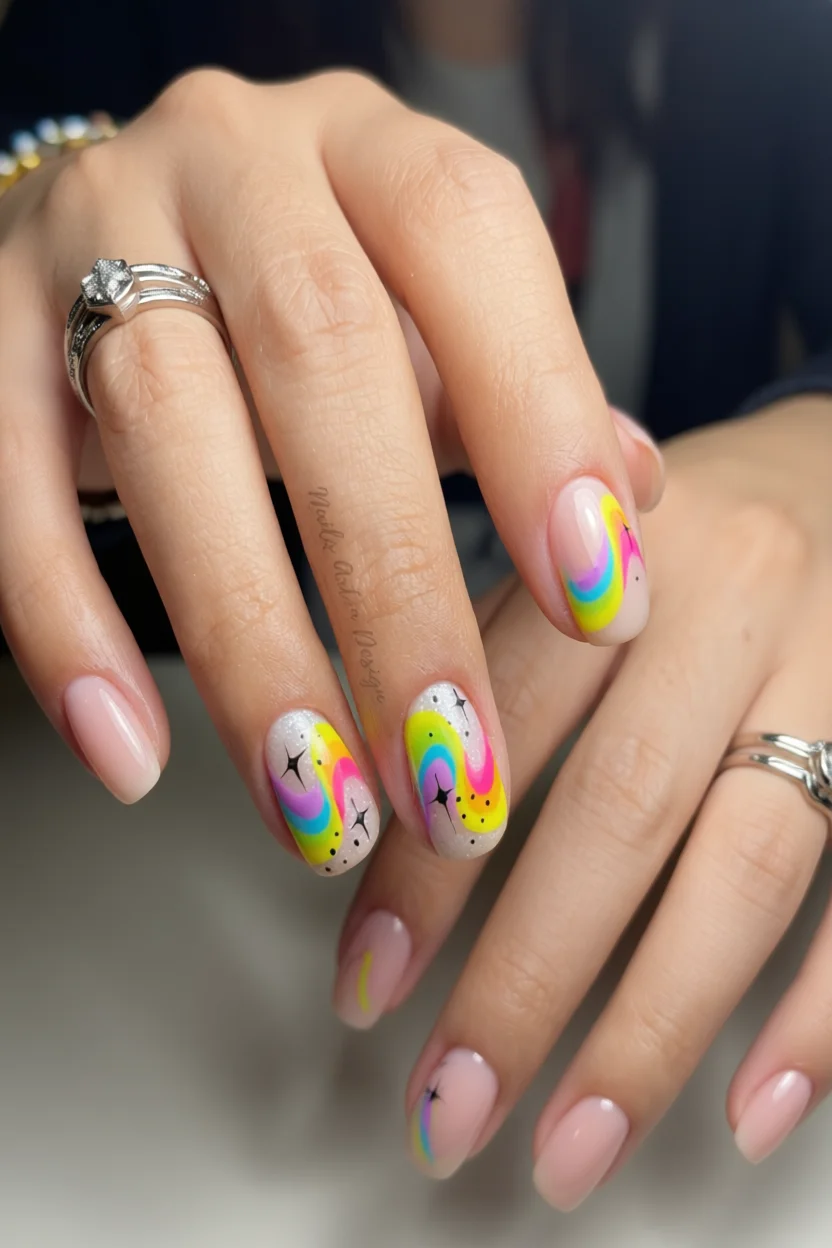 Mano con uñas en diseño arcoíris con estrellas y uñas nudosas a juego