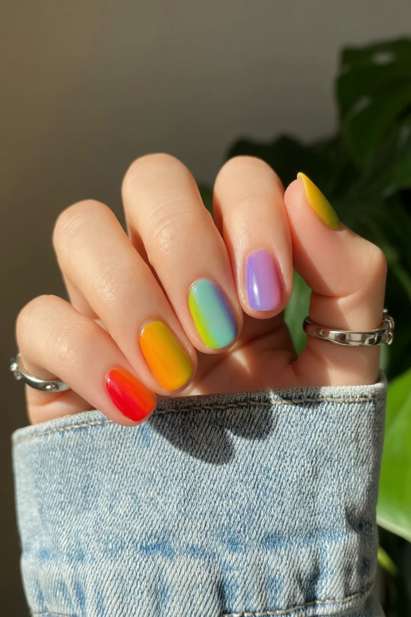 Mano con uñas ovaladas pintadas con efecto degradado arcoíris en tonos rojo, naranja, amarillo, verde, azul y lila