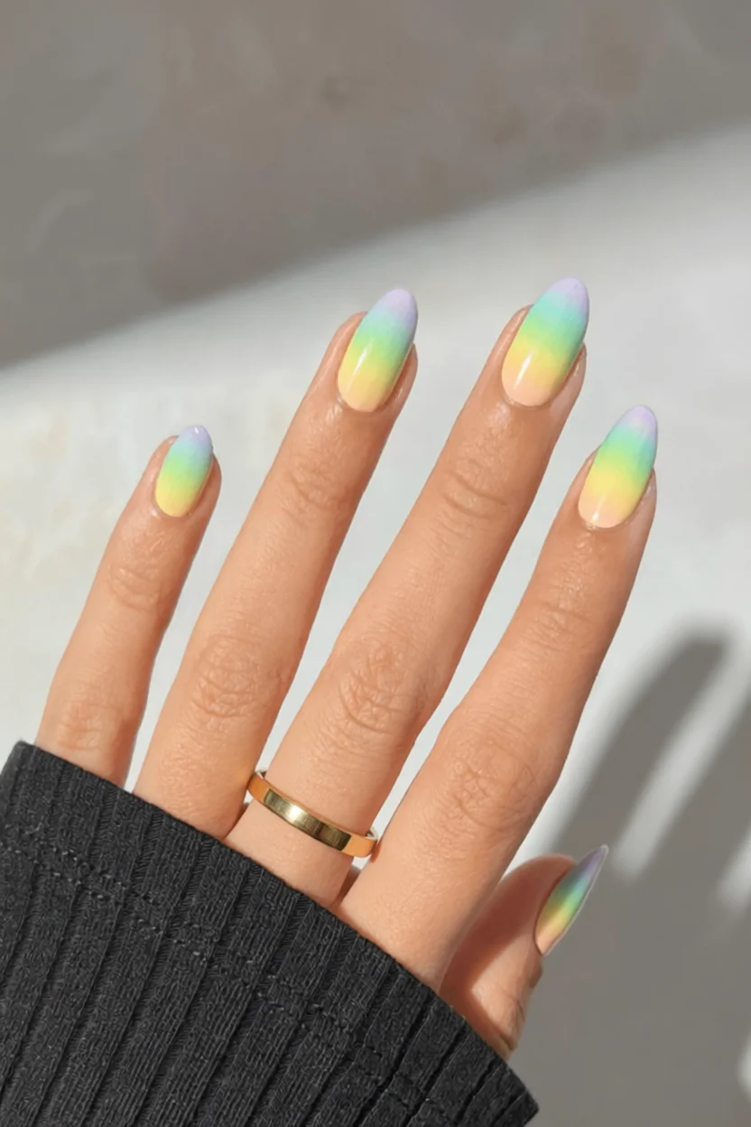 Manicura con efecto degradado pastel arcoíris en uñas ovaladas largas