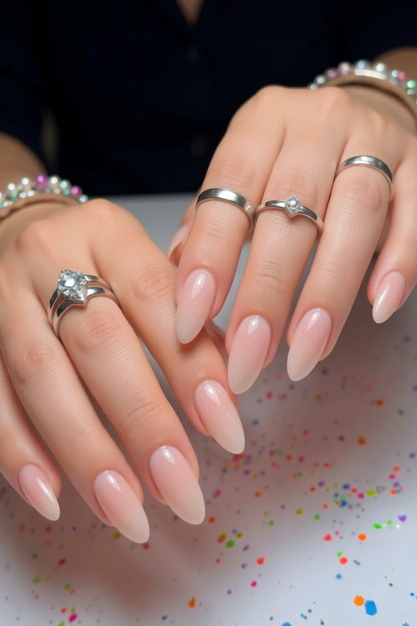 Manos con uñas largas forma almendra en color nude rosado degradado brillante con anillos y pulseras