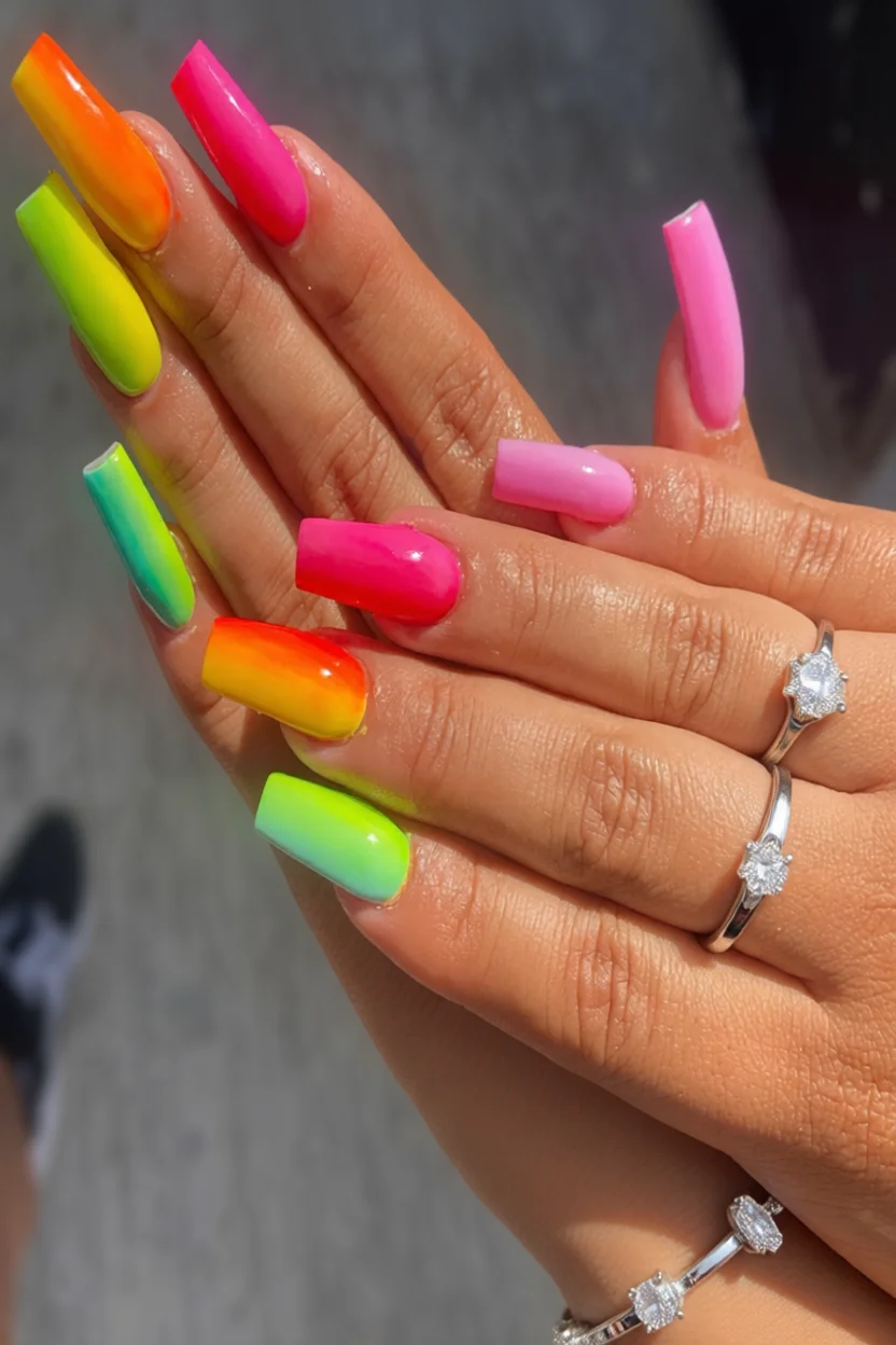 Mano con uñas largas en forma almendrada y diseño degradado en colores arcoíris neón: rosa, naranja, amarillo, verde lima
