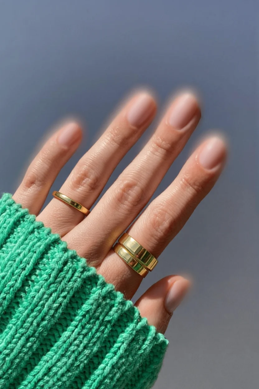 Mano con manicura nude translúcida en un solo color y anillos dorados sobre suéter verde
