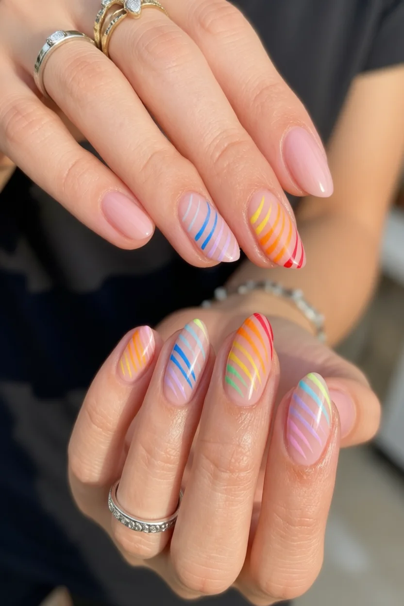 Uñas almendradas con base nude y rayas diagonales arcoíris multicolor