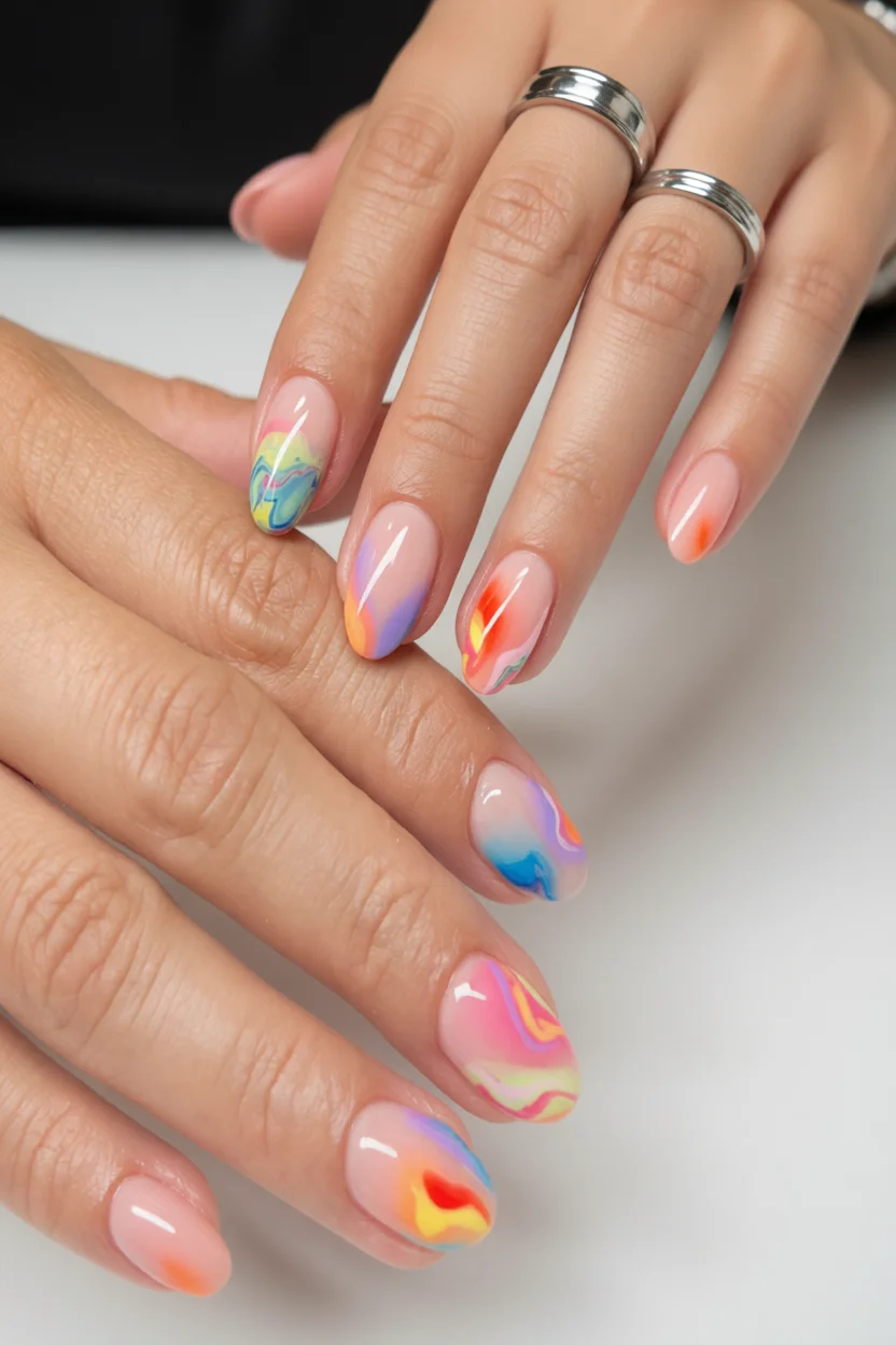 Uñas ovaladas con diseño mármol multicolor sobre base nude transparente