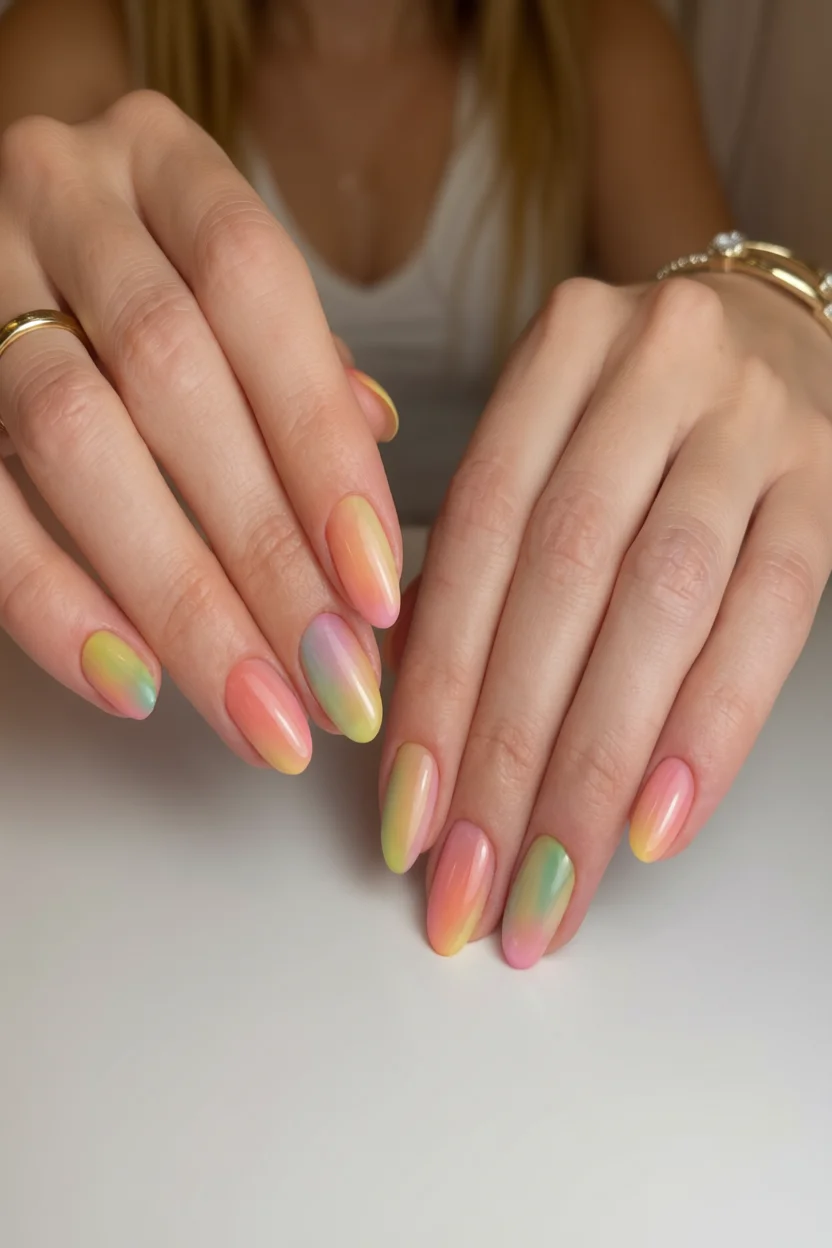 Uñas almendradas con diseño arcoíris degradado en tonos pastel
