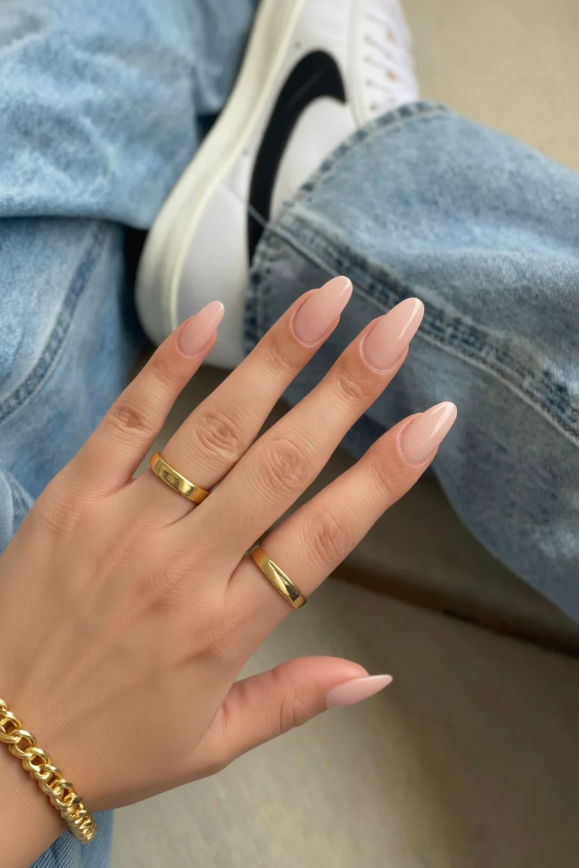 Mano con uñas almendradas en color nude y anillos dorados