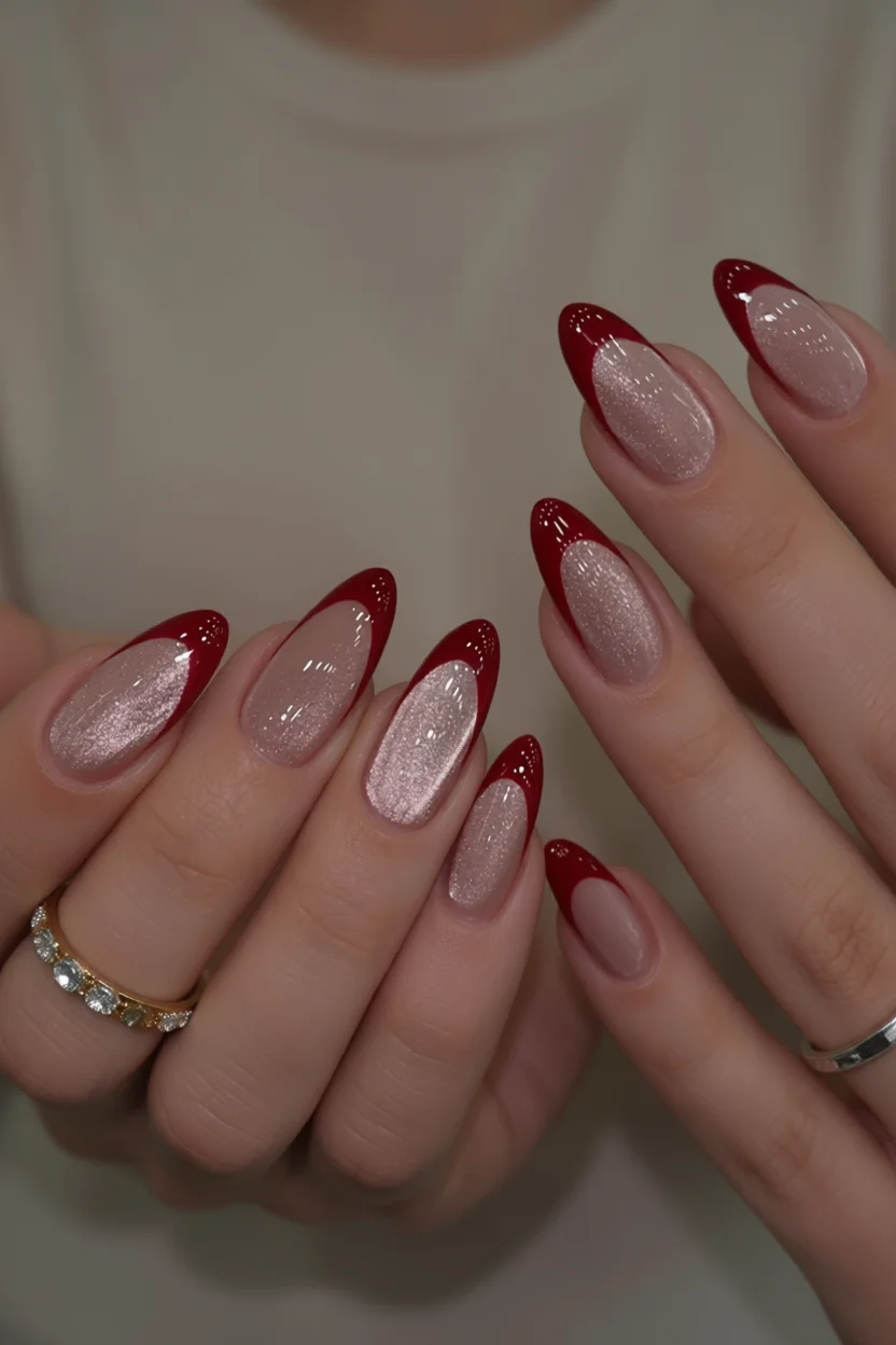 Uñas largas almendradas con diseño francés en rojo intenso y centro brillante rosado