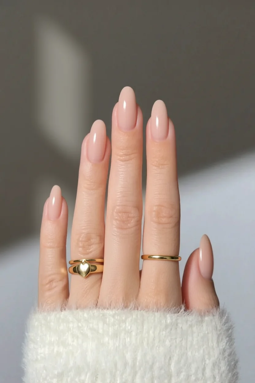 Mano con uñas largas forma almendra en tono nude rosado con brillo