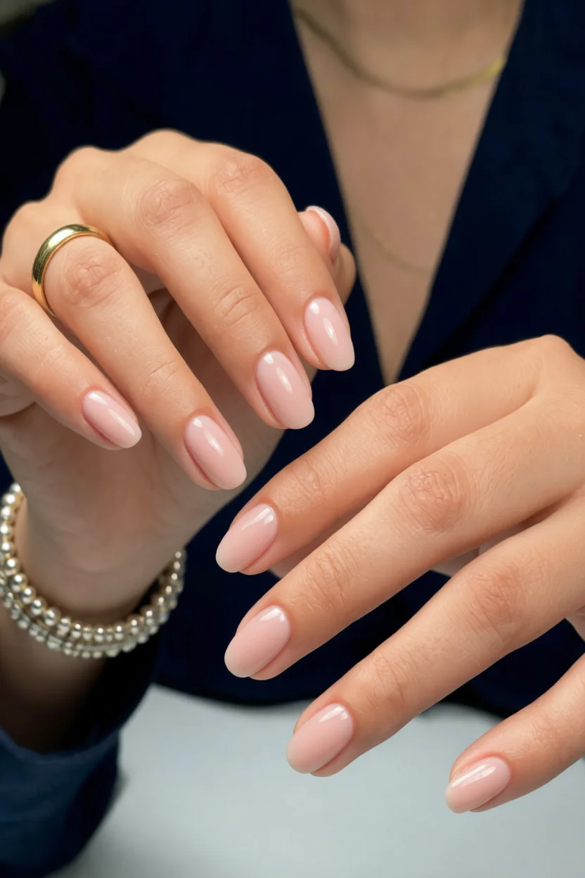 Uñas almendradas esmaltadas en nude rosado brillante