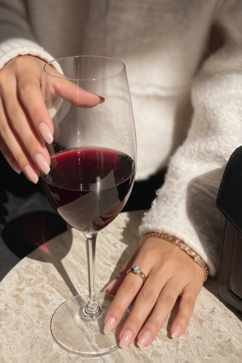 Mano con uñas largas ovaladas en tono nude natural sosteniendo una copa de vino tinto