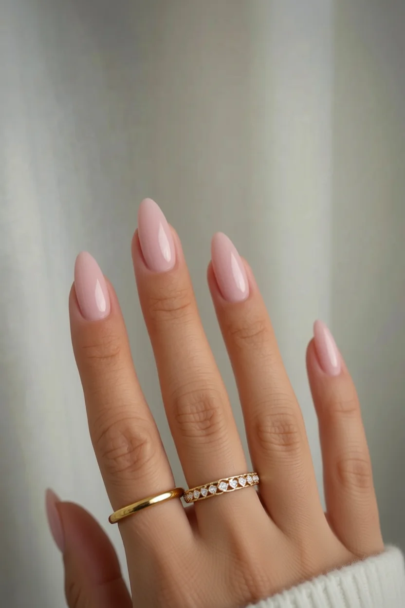 Mano con uñas largas almendradas esmaltadas en rosa nude brillante