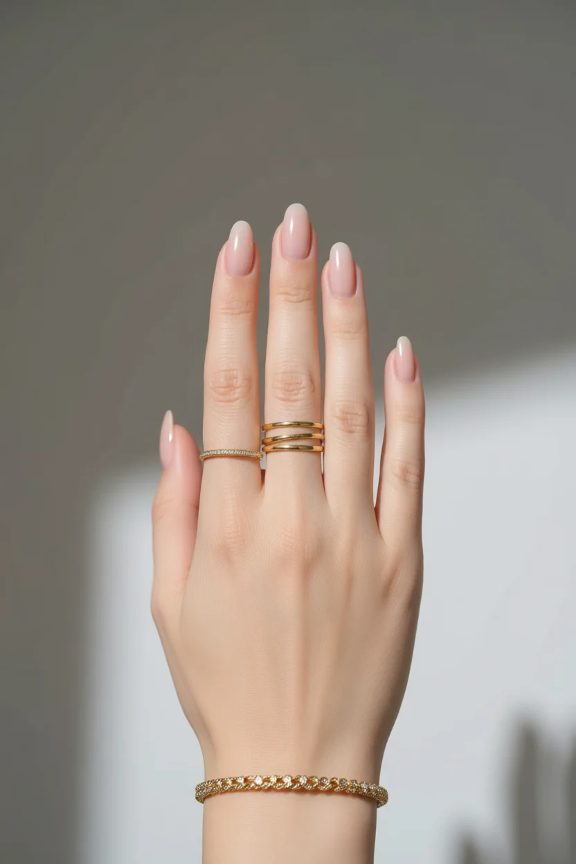 Mano con uñas largas estilo almendra en tono nude rosado y anillos dorados