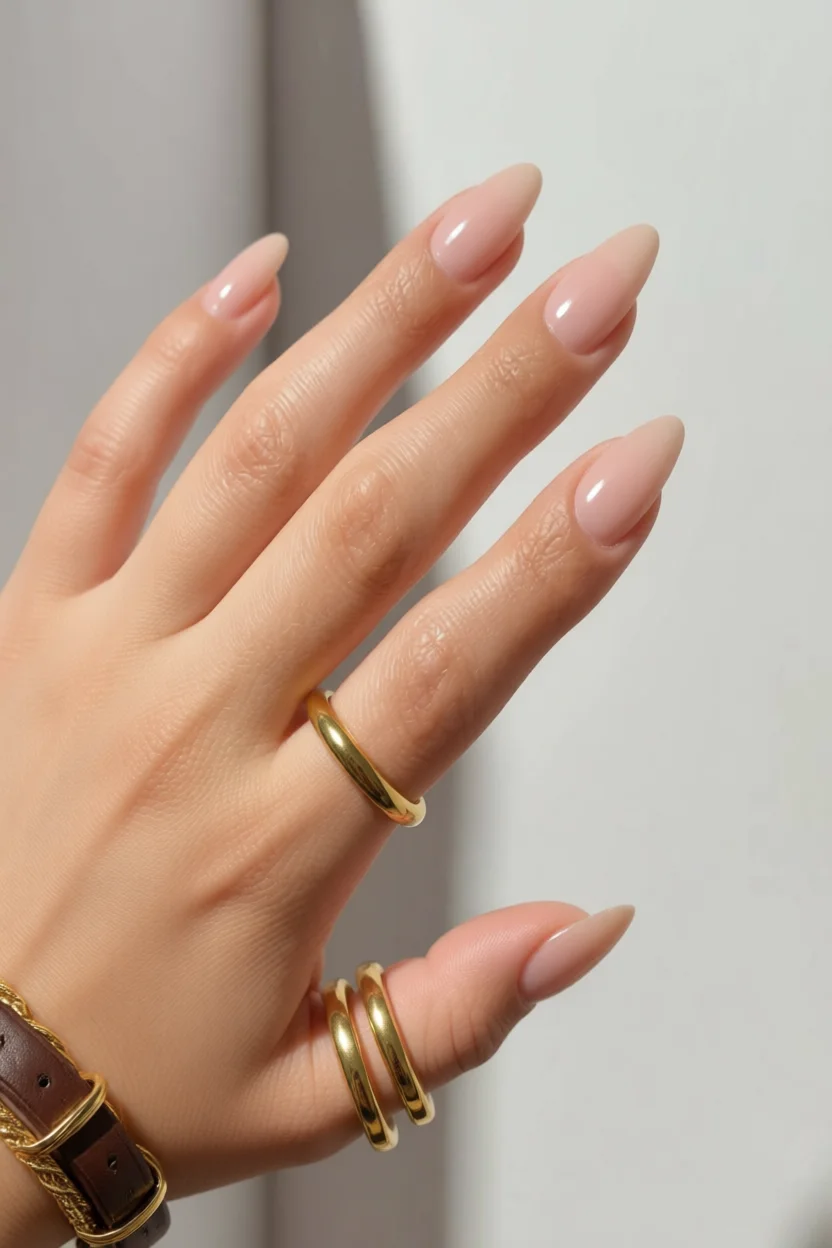 Mano con uñas almendradas en tono nude rosado, anillos dorados y brazalete de cuero