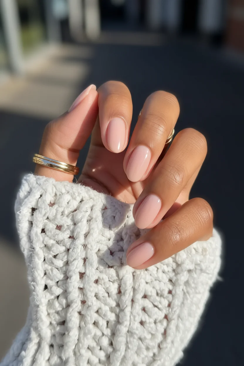Uñas almendradas en tono rosa nude transparente con acabado brillante