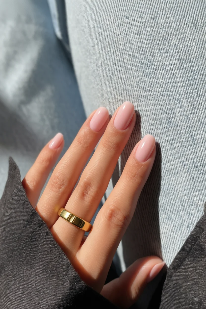 Uñas largas forma almendra en tono rosa nude con acabado brillante y anillo dorado