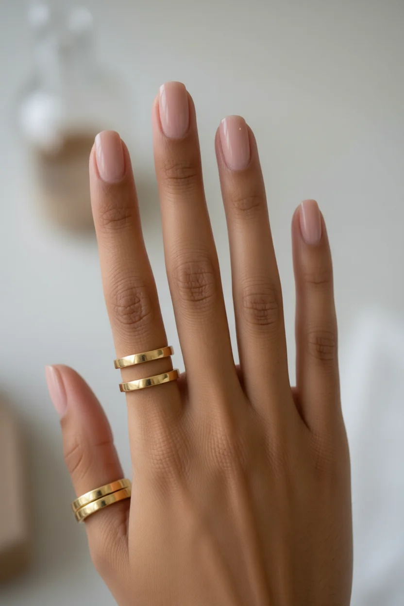 Mano con manicura nude brillante y anillos dorados